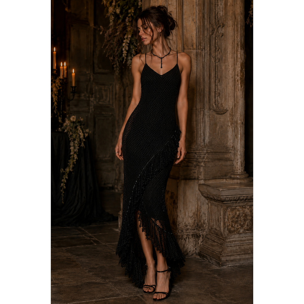 Vintage Crochet fairy grunge beaded Cache black dress Size Medium formal Sz Med